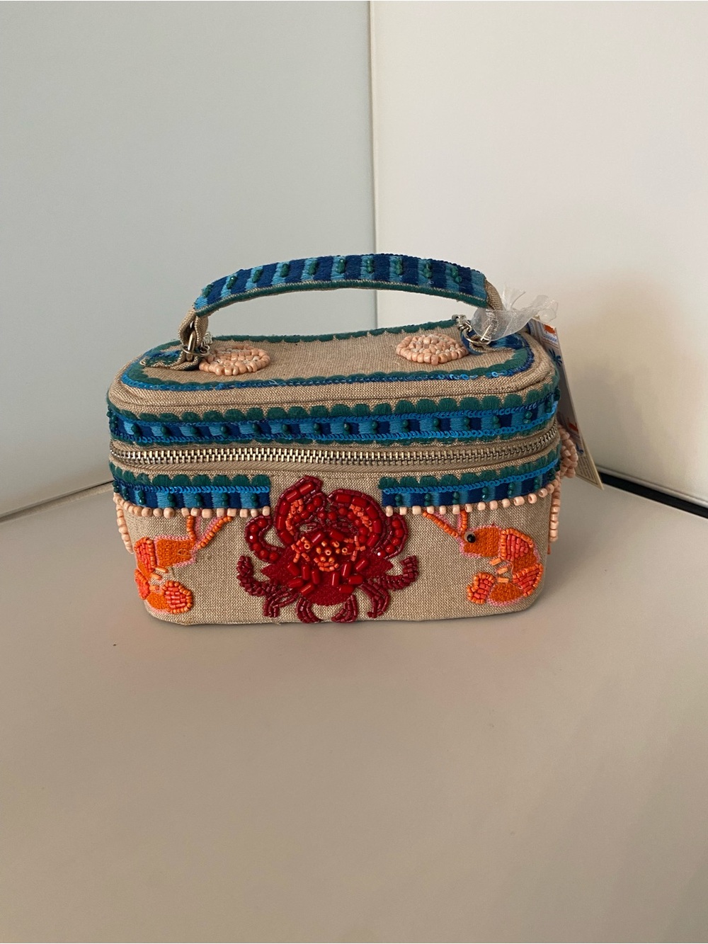 NWT Embroidered Beaded Box crossbody Bag - Blue, Red & Orange crab/shrimp